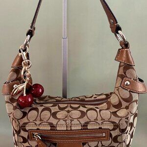 Vintage Coach Monogram Brown Jacquard Hobo Bag with Cherry Keychain